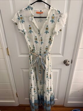 Oliphant Cream Maxi Dress with Teal & Gold Floral Motif